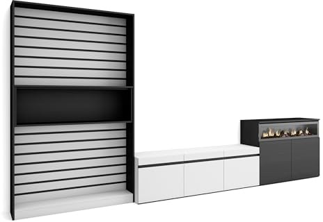 Skraut Home | Wohnwand Wohnzimmer | Wohnzimmermöbel, Möbelset | 360x186x35cm | Für TV-Geräte bis zu 65 | Elektrokamin. | Moderner Stil | Weiß und Schwarz