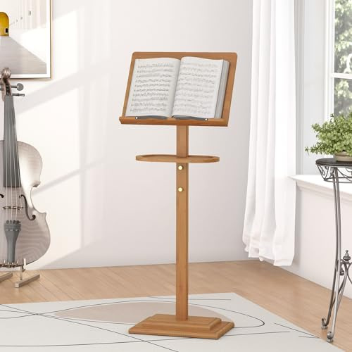 Dexgva Music Stand for Sheet Music - Bamboo Folding Sheet Music Stands / Wooden Sheet Music Organizer Height Adjustable 39.37''-51.2'' for Conductor Lectern Guitar Violin Piano (Brown, Tray)