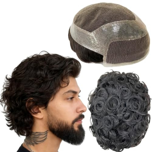 Toupet für Männer, Echthaar-Perücken, Herren-Toupet mit weichen, Periphere PU+feinen Schweizer Spitzenhaareinheiten, 10 mm gewelltes Herren-Perücke-Toupet-Haar,10 x 8 (#1B Off Black)