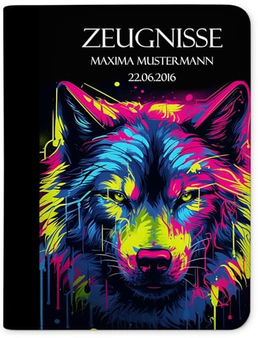 CreaDesign Zeugnismappe A4 mit Namen personalisiert für Kinder – Wolf Neon – Dokumentenmappe Schule ohne Klarsichthüllen