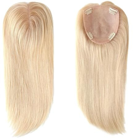 Extension per capelli umani, con riga centrale da 30,5 cm, colore biondo 613#, con base in seta invisibile, con clip e attaccatura dei capelli (13 x 15 cm)