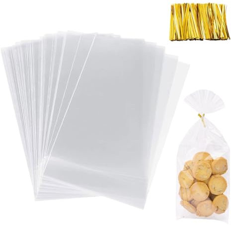 Cellophantüten Klar, 100pcs, Mit 100 Metallischen, Bindebaender, Süßigkeiten Tüten Transparent, für Geburtstag, Hochzeit, Weihnachtsfeier, 20 x 30 cm