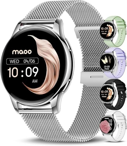 Maoo Ventura Smartwatch Damen mit Anruffunktion, 1,32-Zoll-AMOLED-Display, Herzfrequenzmesser, SPO₂, Blutdruckmesser, 100+ Sportmodi, IP67 wasserdicht, inklusive 5 Armbänder (Silber)