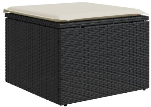 Makastle Gartenhocker, Poly Rattan Fußhocker mit Kissen, Fußauflage, Balkon Sitzhocker, Rattanhocker für Garten Terrasse, Schwarz 55x55x37 cm