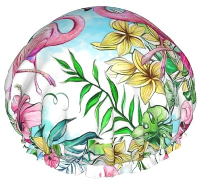 YHBLYKXP Verstellbare doppellagige Duschhaube mit Flamingo-Blumendruck, wiederverwendbare Duschhaube für Damen