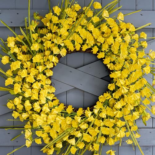 Zjlmit Artificial Spring Wreaths for Front Door 24 inch Spring Wreath Yellow Summer Wreath with Yellow Flowers Berries for Porch Farmhouse Wall Indoor Home Decoration