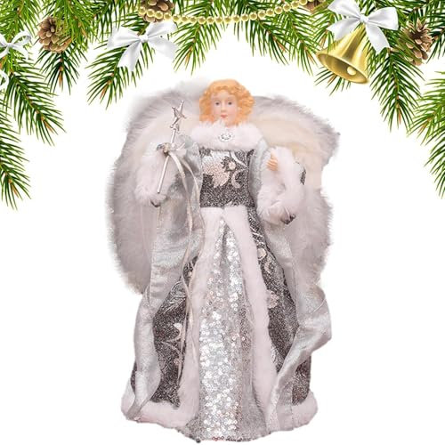 Weihnachtsbaum-Engel-Topper – 18 cm, zarte Engel-Baumspitze, Weihnachtsdekoration zum Aufhängen, Elegante Weihnachtsengel-Puppen für die Baumdekoration – Silber