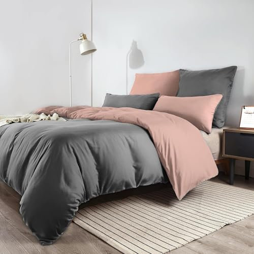 Soifox Double Duvet Set Pink and Dark Grey, 3 Piece Microfiber Reversible Double Bedding Bed Sets, Soft and Non Iron Quilt Duvet Cover Set with 2 Pillowcases 50x75cm