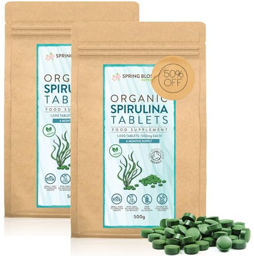 1KG (2x500g) Organic SPIRULINA Tablets [2000 x 500mg] Natural Dietary Food Supplement, Premium Quality, Non-GMO Vegan Detox Superfood Rich in Protein, Vitamins, Amino Acids, Iron - Soil Association