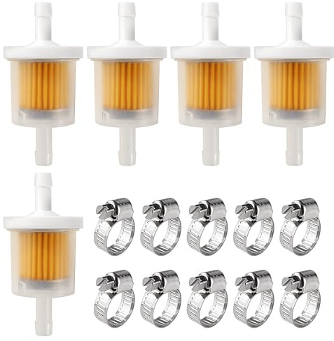 VooGenzek 5 ST 6-8 mm Bensinfilter, Gasinbyggda Bränslefilter, Snabbfiltreringshastighetsbränslefilter, Motorcykelbensinfilter, med 10 ST Slangklämmor, för Motorcykel, Skoter, Generator, Gräsklippare
