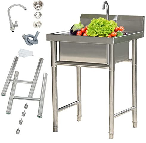 SdaryWare Lavello da Cucina in Acciaio Inox per Esterni, lavello Indipendente a 1 Scomparto con Rubinetto, lavello a Vasca Singola per Ristorante, Lavanderia, garag,Silver-19.7in