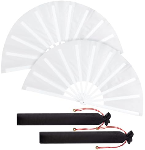 CutitiUU 2 Packs Large Folding Hand Silk Fans,Large Folding Silk Hand Fan Hand Folding Fans,Solid Colour Kung Fu Fan Ancient Style Cloth Folding Fan,Chinese Handheld Tai Ji Fan (White)