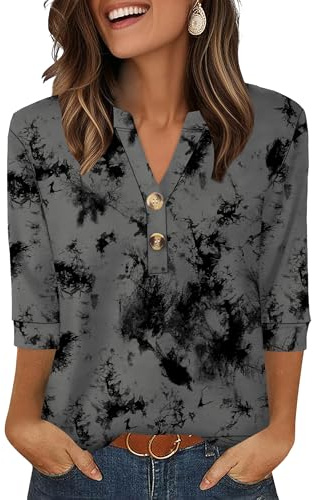 Aokosor Womens 3/4 Sleeve Tops Ladies Blouse V Neck Tunic Long Sleeve T Shirts Curved Hem Office Wear Grey Black Floral Plus Size 22-24 for UK
