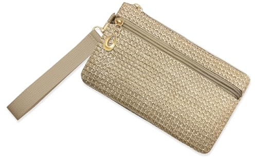 LJCZKA Small Straw Clutch Bag for Women Straw Purse Zipper Wristlet Wallets Bohemian Summer Beach Handbag Cellphone Bag with Wrist Strap