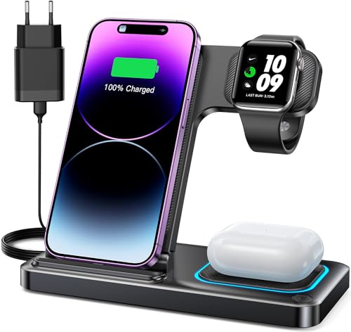 DUMTERR 3 in 1 Apple Ladestation für Apple Watch und iPhone iPod, iPhone Ladestation für iPhone 17 16 15 14 13 Pro Max, Wireless Charger für iWatch/AirPods - Faltbare & Tragbare Kabelloses Ladegerät