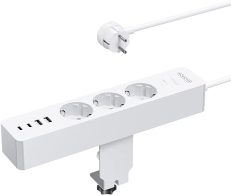 NTONPOWER Bordsuttag med USB-C, 3-vägs grenuttag skrivbord med strömbrytare, 2 meter kabel, flera uttag bord 2 500 watt för kontor kontor, vit