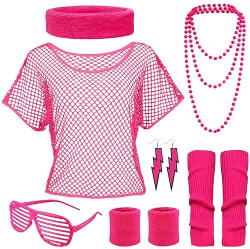 GWAWG Costume Années 90 Femme | Haut en Maille Rose Fluorescent | Set Rétro avec Collier, Bandaux & Lunettes | Tenue Fête 80s/90s pour Soirées Disco