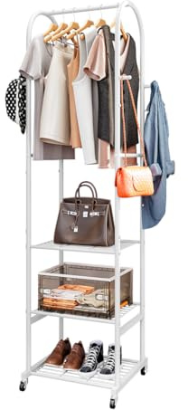Dazioter Kleiderständer mit Rädern und 3-stufigen Metallböden, Kleiderstangen zum Aufhängen von Kleidung mit 4 Haken, Kleiderständer Garderobe Organisator für kleinen Raum, weiß