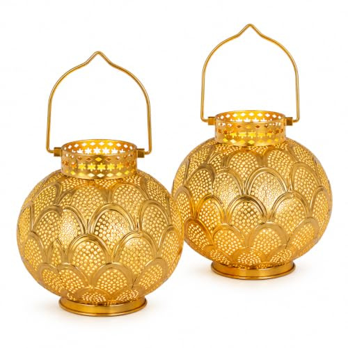 TRIROCKS Juego de 2 lámparas de mesa de metal de estilo marroquí de 7 pulgadas de alto, inalámbricas, con bombillas LED, perfectas para el hogar, sala de estar, fiestas, mesa en interiores (dorado)