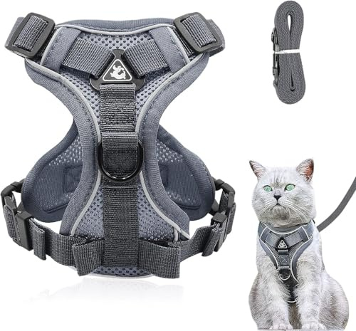 Verstellbares Katzengeschirr Ausbruchsicher, Katzengeschirr mit Leine Set, Softgeschirr für Katze Brustgeschirr für Katzen Kitten Hunde Welpen (Grey, L)