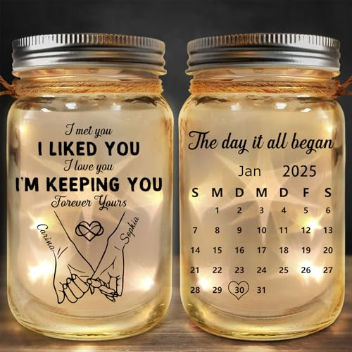 Lam Hub Fong Personalized Mason Jar LED Fairy Light Custom Names & Date Warm White Bedside or Hanging Decor Romantic Gift for Couples, Anniversary, Wedding, Valentine’s,Christmas (A)