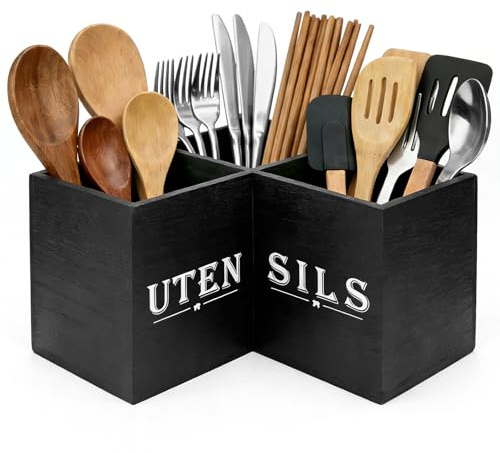 Extra Large Kitchen Utensils Holder - Black Utensil Holder Cooking Utensil Organizer with 3 Compartment Wooden Corner Utensil Caddy Farmhouse Cutlery Caddy, Cooking Tools Storage for Countertop