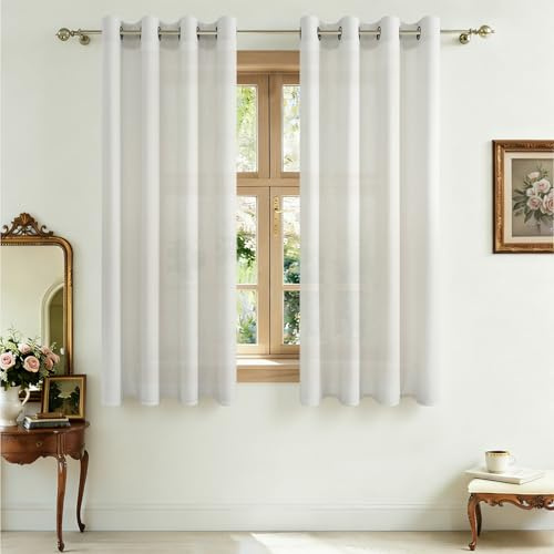 CUTEWIND Gardinen Leinenoptik mit Ösen Kurz Voile Gardinen Küche Fenster Vorhänge Leinen Halbtransparent Landhausstil für Wohnzimmer Schlafzimmer Ösenvorhang 2er Set H 145 x B 140 cm, Ecru