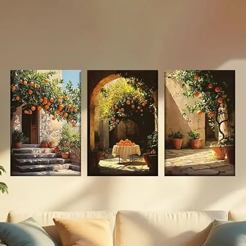LIMAIDUO Leinwandbild – Lebendige Orangenbaum-Innenhofszenen, sonnendurchflutete Poster im mediterranen Stil für Wohnzimmer, Bürodekoration (40 x 60 cm x 3/Rahmenlos)