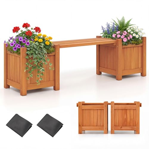 COSTWAY Blomlåda med trädgårdsbänk, träbänk med 2 planteringslådor, 2-sitsig sittbänk av massivt trä, bänk utomhus, för trädgård, balkong och terrass, natur (105 x 26,5 x 29,5 cm)