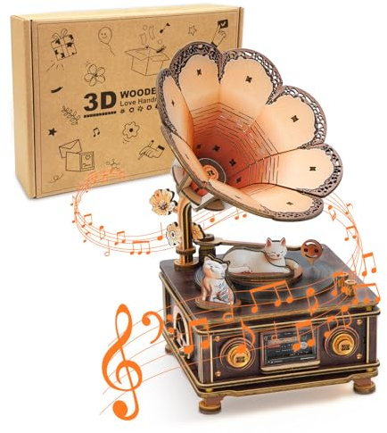 Cutywood 3D Wooden Puzzle Music Box, Vintage Cat Phonograph 3D Puzzle Model Kits for Adults to Build, Mechanism Model Building Musical Instruments Craft Kits, Creative Gift for Women Men