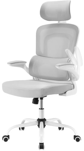 Farini Ergonomischer Stuhl Büro Computer Stuhl mit Rollen Schreibtisch für Bequemer Home Office Höhenverstellbar Chefsessel Bürostuhl mit Kopfstütze, Grauweiß