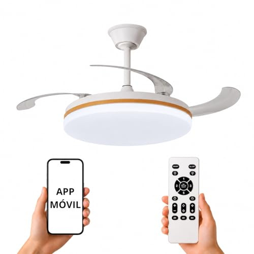 NARVI Ventilador de Techo Blanco y Madera Haya con Luz LED 45W Regulable, Motor DC Silencioso de Bajo Consumo, Lámpara Ventilador con Mando, 3 Aspas Retráctiles, RONDA 1661 WDN