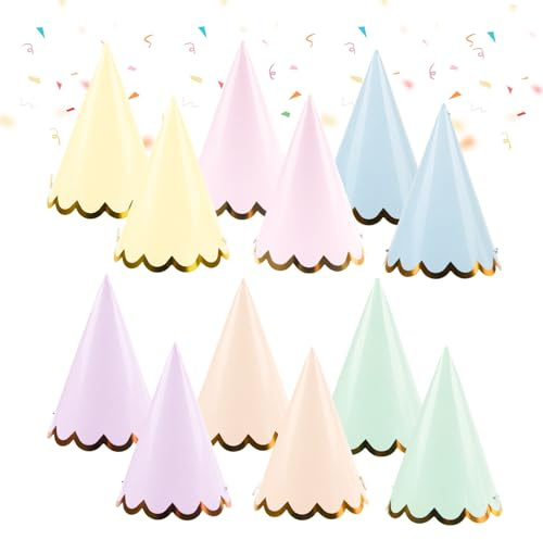 12 Pcs Mini Party Hats for Teddies and Toys, Colourful Pastel Birthday Hats | with Gold Trim and Elastic Strap for Baby Showers, Kids Parties, Pet Celebrations and Decorations