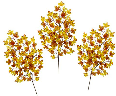 Ahornzweig Kunstblumen 3er Set, 68 cm künstlicher Ahornzweig mit Herbstlaub, Dekozweig mit Ahornblättern, Kunstzweig Dekoast für Herbstdeko, Floristik, Vase & Blumendeko, Gelb Orange Braun
