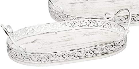 ETC dekoratives Tablett ovales Deko-Tablett mit Griffen Metall in Shabby weiß Vintage Landhaus Optik (mittel)