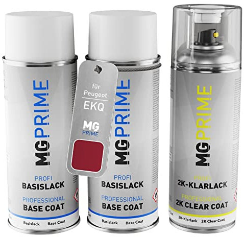 MG PRIME Autolack 2K Spraydosen Set für Peugeot EKQ Rouge Lucifer Nacre/Luziferrot Grundlack Basislack 2 Komponenten Klarlack Sprühdose