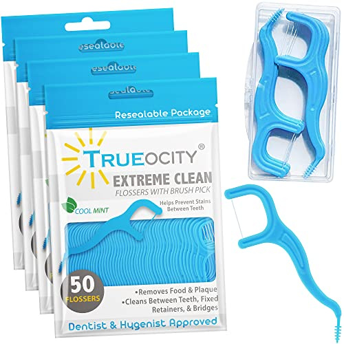 Dental Floss Picks for Adults with Brush Picks, Mint Flavor, 200 Count, 4 Travel Cases, Tooth Picks flossers for Adults that Glide on Tight Teeth for Sensitive Gums, Floss Picks for Teeth, Easy Grip