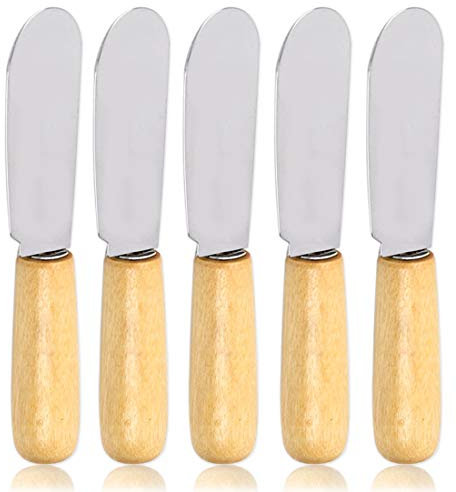 ACKLLR - Set di 5 coltelli da cucina in acciaio inox, con bordo dritto, con manico in legno, per panini, creme, formaggi, condimenti, 10 cm