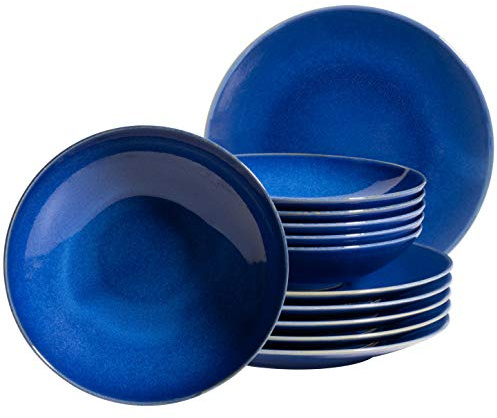 MÄSER Ossia 931733 - Juego de platos para 6 personas, diseño vintage mediterráneo, 12 piezas, con platos hondos y platos llanos, de cerámica, color azul oscuro