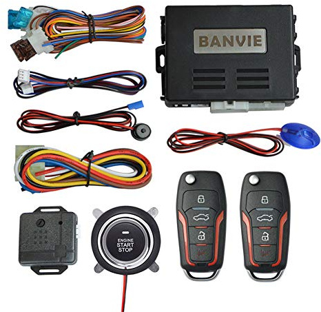 BANVIE 1. Car Keyless Entry Security Alarm System + 2. Remote Engine Starter + 3. Push to Start Stop Iginition Kit Button, 3 in 1 Car Alarm
