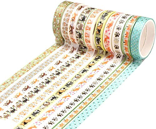 YUBX Skinny Gold Washi tejpset folie dekorativ tejp för gör-det-själv-hantverk, punktjournaler, planerare, scrapbooking, inslagning (hundtema)
