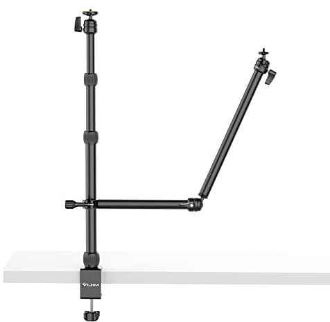 jusmo Camera Desk Mount Table Stand with 2 Auxiliary Holding Arm and Ball Head, 16.1-33.8 Adjustable Light Stand for DSLR Camera, Ring Light, Live Streaming, Photo Video Overhead Shooting