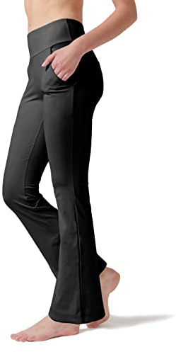 LaiEr Pantalones de Yoga para Mujer con 4 Bolsillos, Pantalones de Trabajo de Cintura Alta en 4 direcciones, Pantalones Largos Acampanados con Control de Abdomen, Negro,M