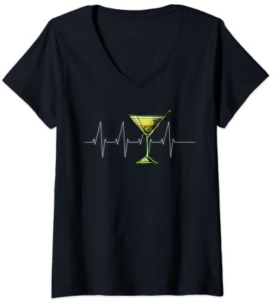 Womens Martini Heartbeat T Shirt Cocktail Glass Happy Hour Shirt V-Neck T-Shirt