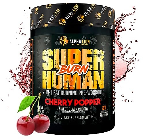 ALPHA LION Superhuman Burn – 2 in 1 Metabolism Booster Pre Workout and Thermogenic Fat Burner for Men – Appetite Suppressant and Weight Loss Supplement (21 Servings, Sweet Black Cherry Flavor)