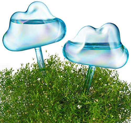 NiHome Glass Plant Self Watering Bulbs 2-Pack Cloud Shaped Clear Water Blue Iridescent Pearl Color Home Watering Globes Potted Planter Insert Decorative Device Vacation Watering Spikes Indoor Outdoor