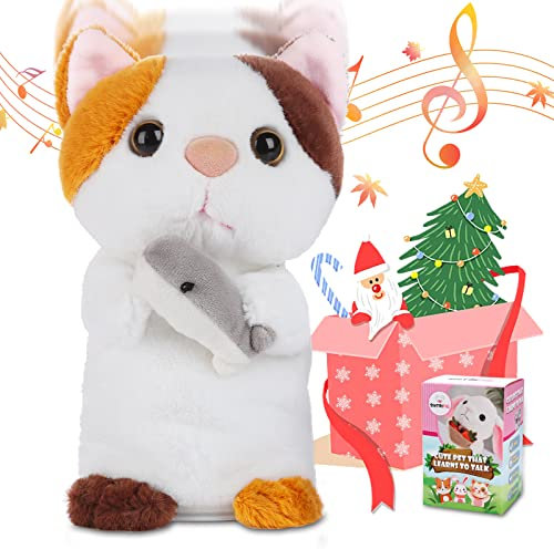 SWTOIPIG Talking Repeats What You Say Cat, Plush Stuffed Animal Interactive Electronic Pet, Dancing and Shaking Recording Toy, Animated Toy Pet Gift for Boys and Girls, H:7‘’