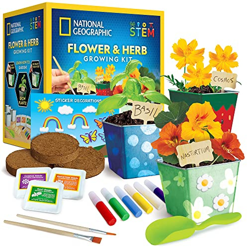 National Geographic Flower & Herb Gardening Kit for Kids - Kids Gardening Set with 3 Stainless Steel Pots, Paint & Stickers, Arts and Crafts Gift, Kids Gardening Set, Kids Plant Growing Kit