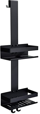 KigKog® Duschregal zum Hängen,2-Store Duschablage zum Hängen Matt Schwarz, SUS304 Edelstahl Doppelt Duschkorb Hängeregal zum Einhängen mit Haken für Glas-Duschabtrennung, K07-23MB-2GL