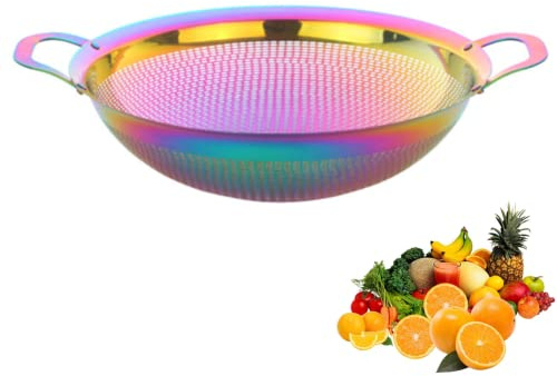 Stainless Steel Colander with Handle and Legs Drain Basket for Pasta, Spaghetti, Berry, Veggies, Fruits, Noodles, Salads, Fruit Colander Strainer Metal Rice Sieve Kitchen Utensils-Rainbow Color